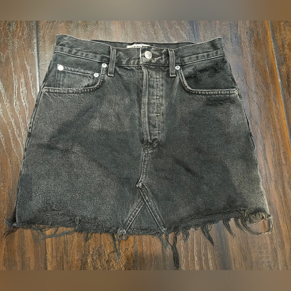 Agolde Frayed Hem Black Denim Mini Skirt